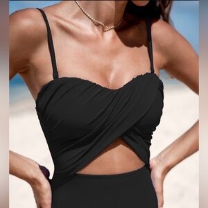 Black One Piece Swimsuit Criss Cross Ruched Tummy Control Swimwear